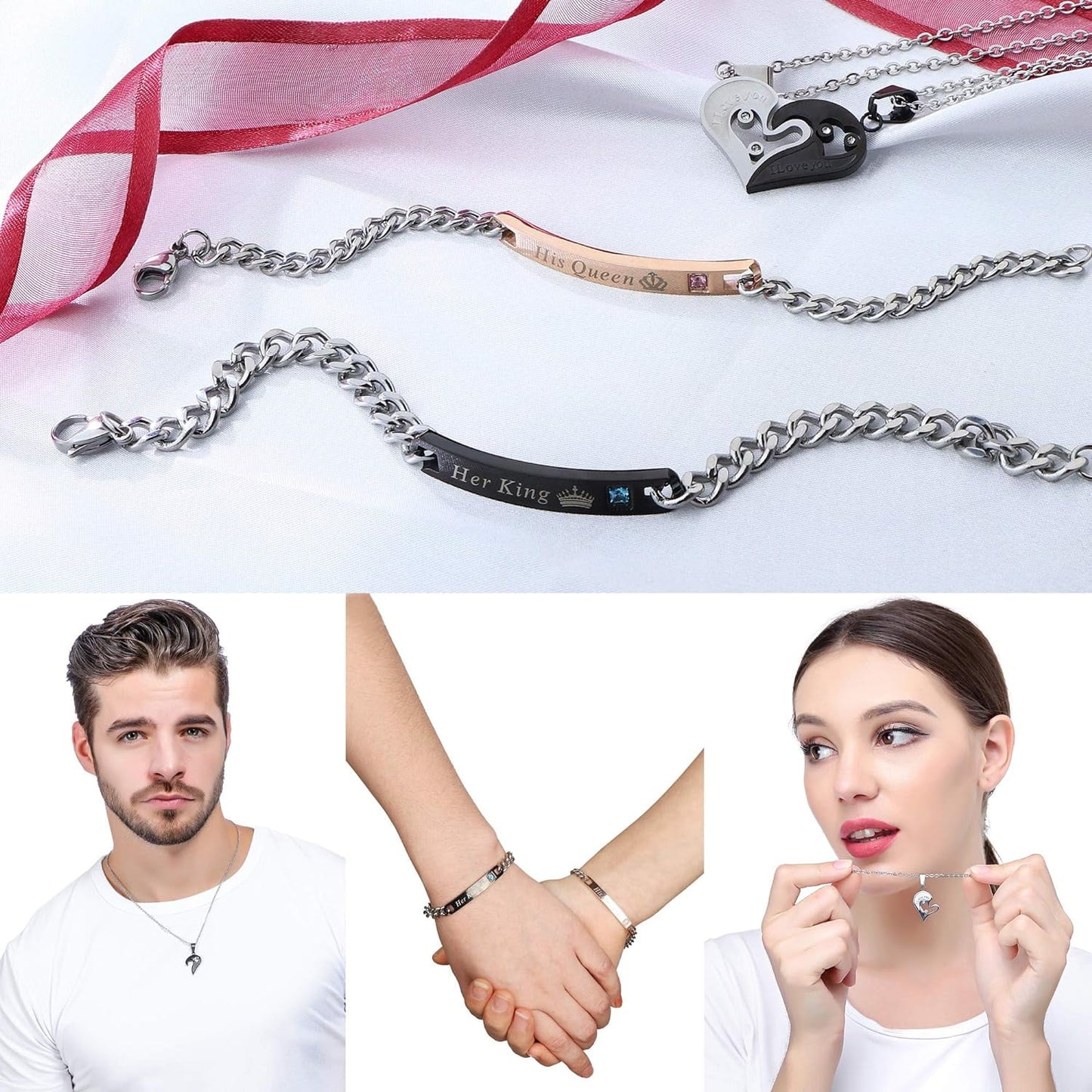 4Pcs Couple Necklace Bracelets Matching Set for Women Men Heart Pendant Necklace His & Hers Bracelets Couple Gift