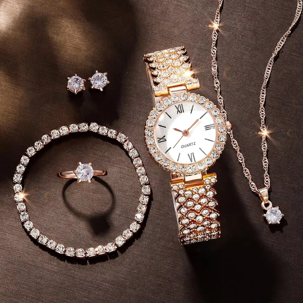 6Pcs Women'S Fashion Trend Luxury Luxury Rhinestone Roman Quartz Watch Butterfly Rhinestone Necklace Ring Bracelet Gift Set
