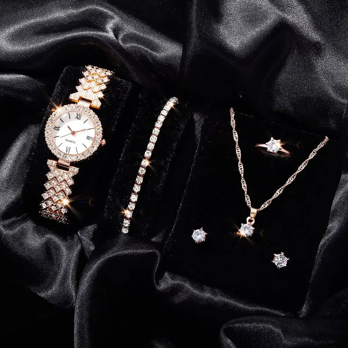 6Pcs Women'S Fashion Trend Luxury Luxury Rhinestone Roman Quartz Watch Butterfly Rhinestone Necklace Ring Bracelet Gift Set