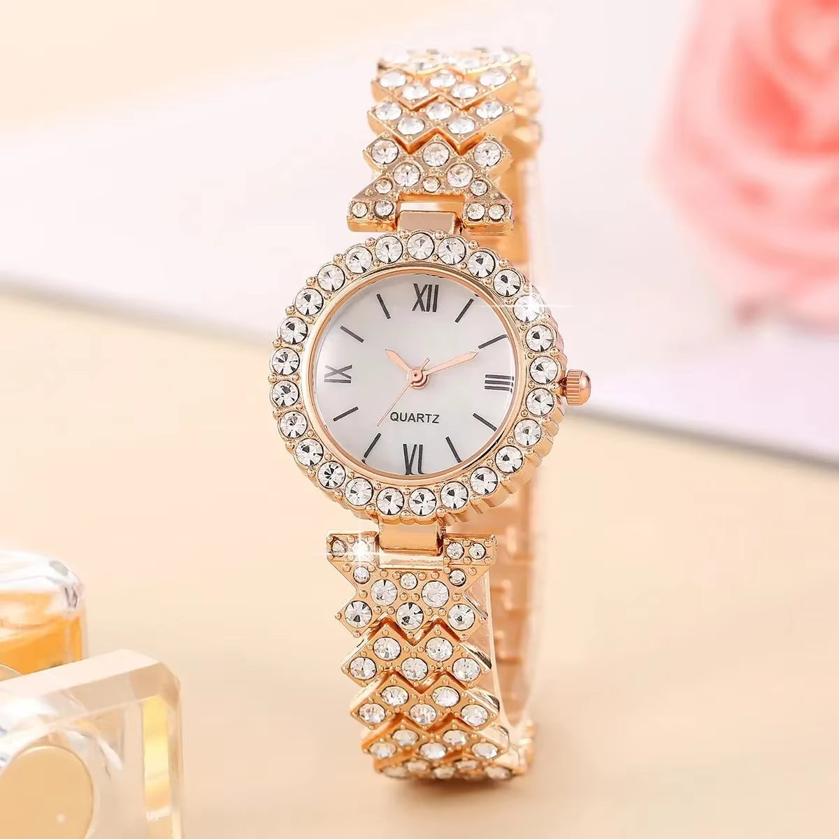 6Pcs Women'S Fashion Trend Luxury Luxury Rhinestone Roman Quartz Watch Butterfly Rhinestone Necklace Ring Bracelet Gift Set
