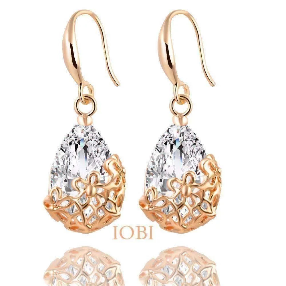 18K Gold Plated Stunning Infused Diamond Dust 6Ctw Crystal Dangling Earrings Basket with Flowers Design for Woman Special Occasion