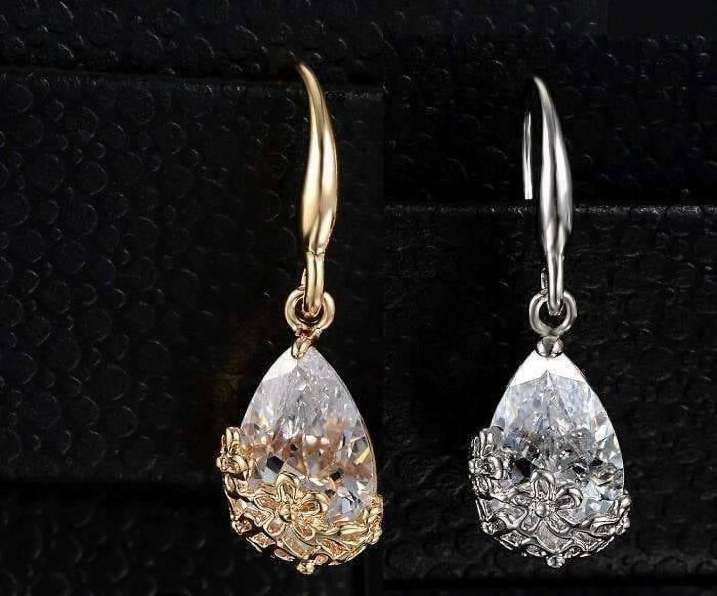 18K Gold Plated Stunning Infused Diamond Dust 6Ctw Crystal Dangling Earrings Basket with Flowers Design for Woman Special Occasion