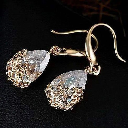 18K Gold Plated Stunning Infused Diamond Dust 6Ctw Crystal Dangling Earrings Basket with Flowers Design for Woman Special Occasion