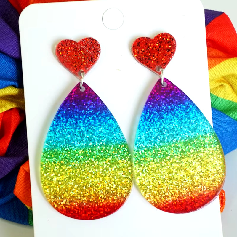 New Rainbow Pride Month Earrings LGBT Festival Parade Shining Heart-Shaped Love Acrylic Colorful Tassel Earrings