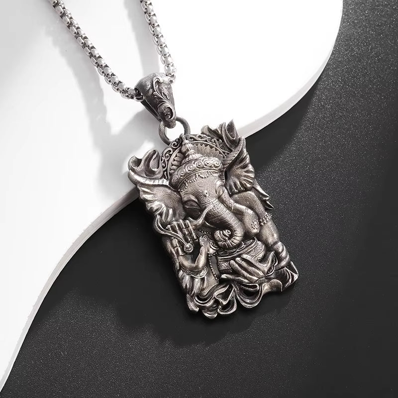 Retro Fashion Indian Ganesha Long Nose Card Pendant Necklace Men'S Fashion Wisdom Good Luck God Jewelry Accessories