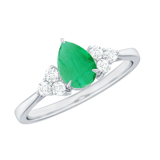 Pear Shape Emerald Solitaire Ring with Diamond for Women - 5X7 Mm (AAA Grade), 925 Sterling Silver, US 4.50