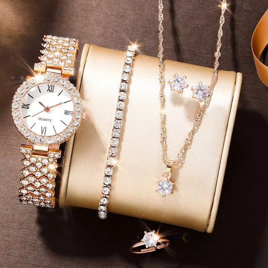 6Pcs Women'S Fashion Trend Luxury Luxury Rhinestone Roman Quartz Watch Butterfly Rhinestone Necklace Ring Bracelet Gift Set