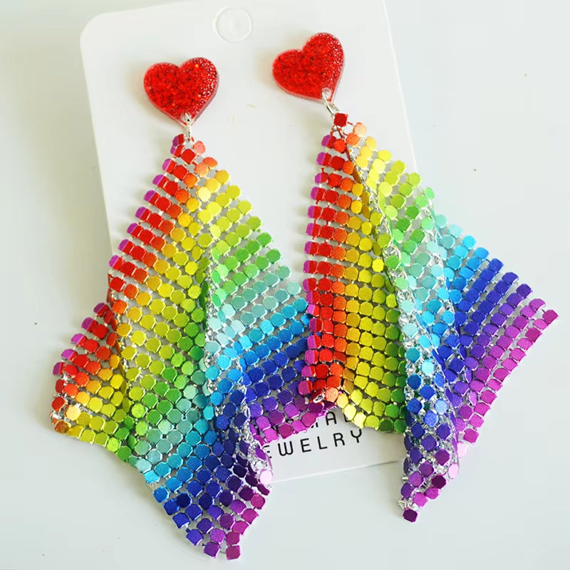 New Rainbow Pride Month Earrings LGBT Festival Parade Shining Heart-Shaped Love Acrylic Colorful Tassel Earrings