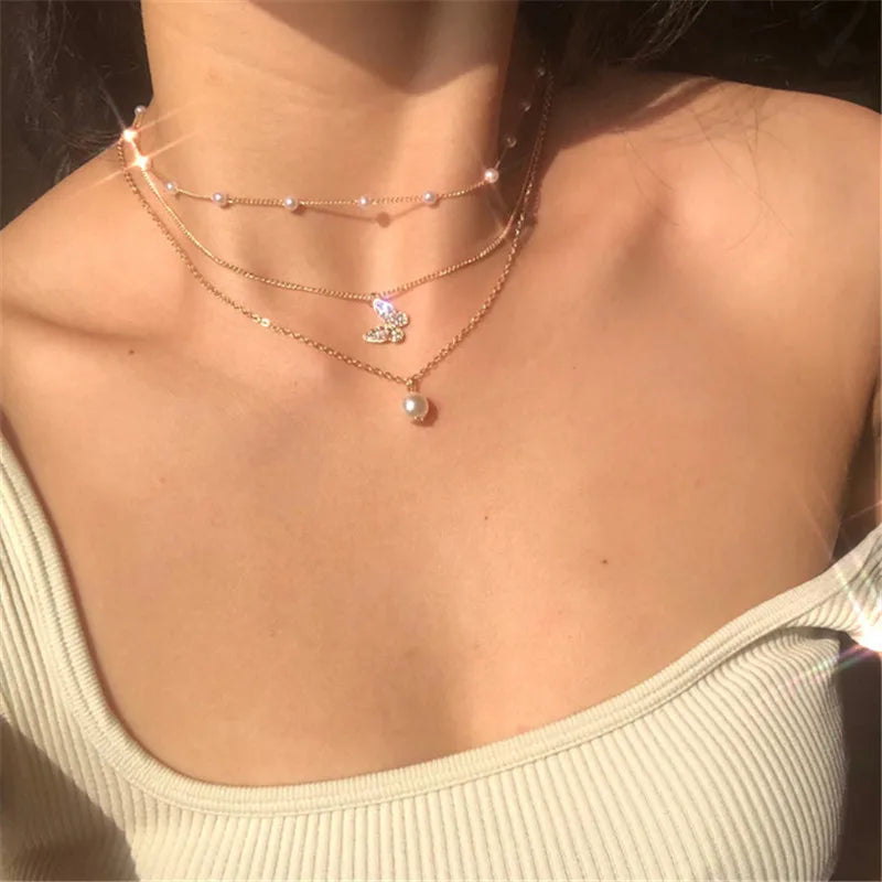 Crystal Zircon Heart and Star Charm Pendant Necklace for Women, Fashion Layered Charms Rhinestone Female Vintage Jewelry Gifts