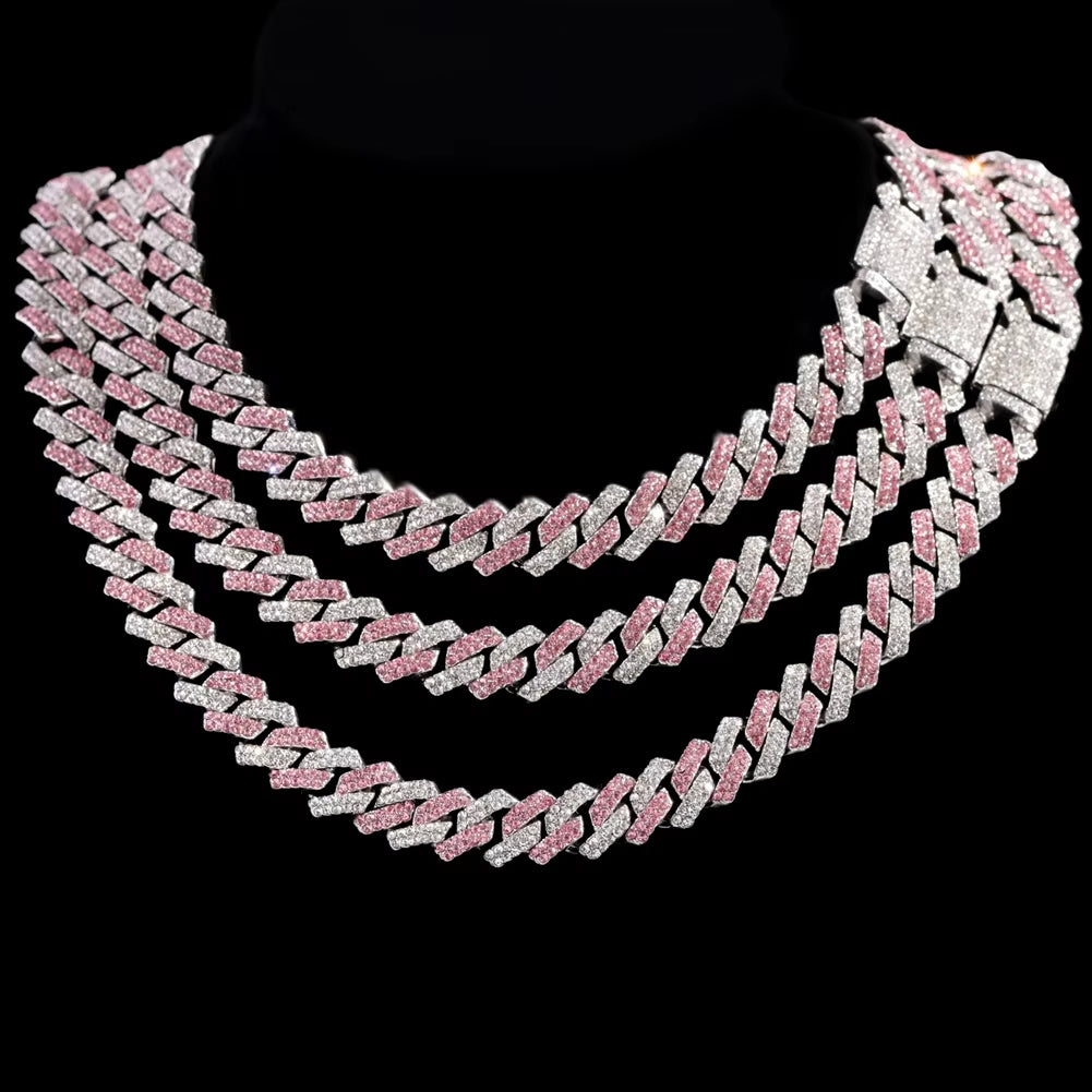 Pink Iced Out Chains 2Row Rhinestones Cuban Link Chain Necklace for Women Bling Miami Prong Cuban Choker Hip Hop Fashion Jewelry