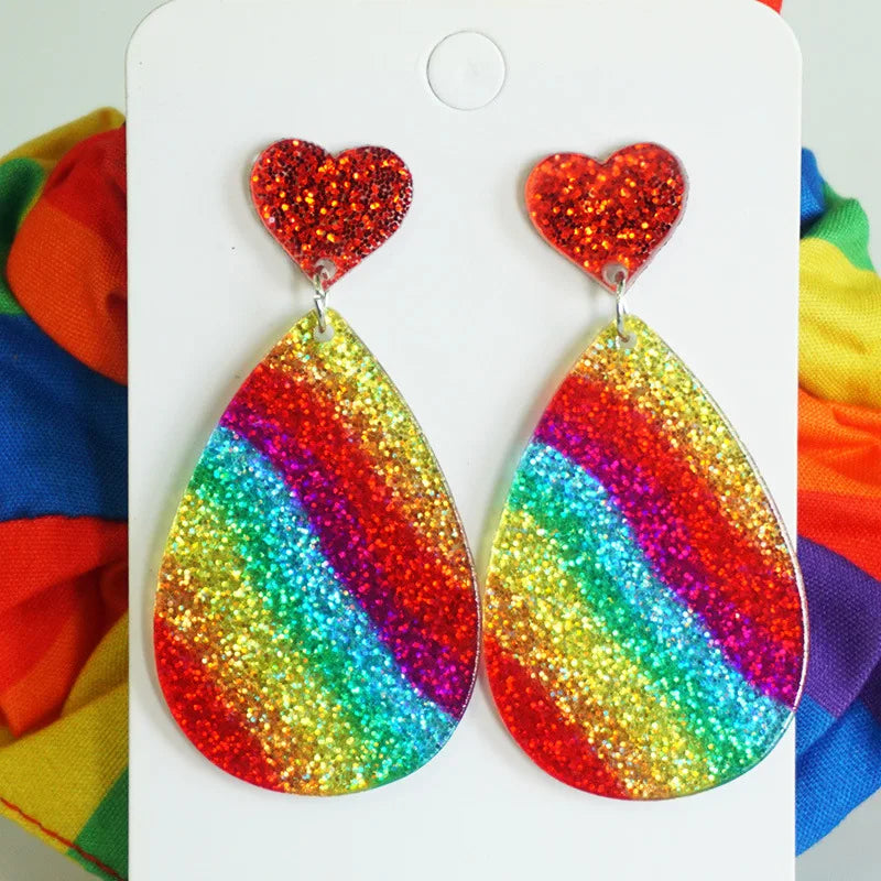 New Rainbow Pride Month Earrings LGBT Festival Parade Shining Heart-Shaped Love Acrylic Colorful Tassel Earrings