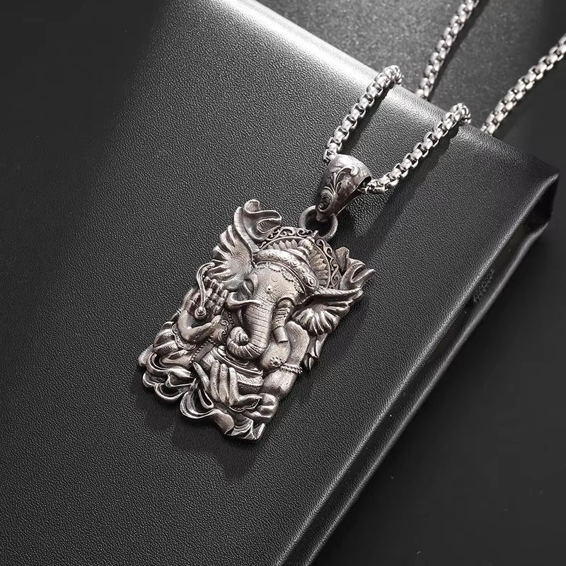 Retro Fashion Indian Ganesha Long Nose Card Pendant Necklace Men'S Fashion Wisdom Good Luck God Jewelry Accessories