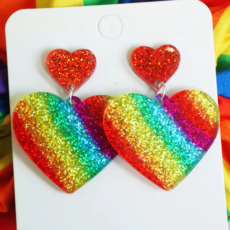 New Rainbow Pride Month Earrings LGBT Festival Parade Shining Heart-Shaped Love Acrylic Colorful Tassel Earrings