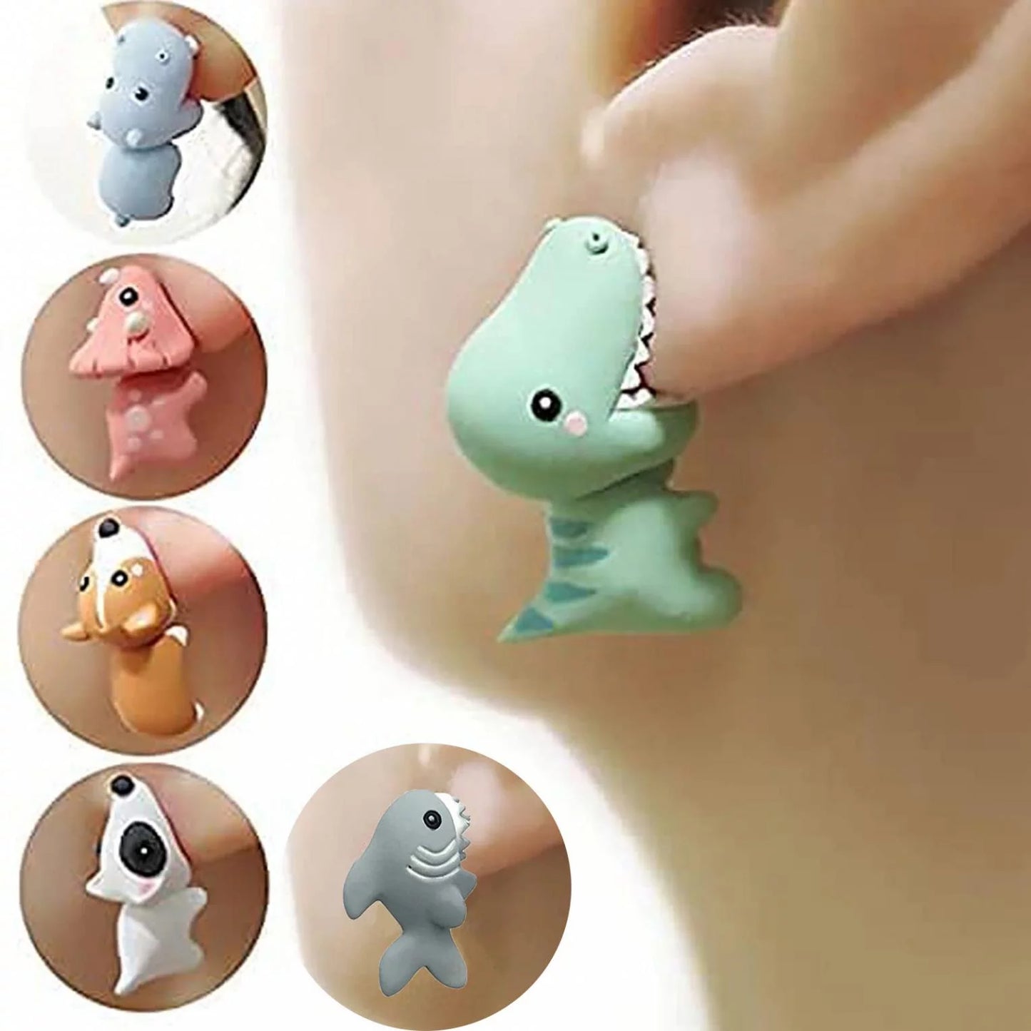 3D Animal Cartoon Biting Ears Stud Earrings,Lovely Animal Dinosaur Shark Bite Ear Studs Piercing Earrings, Handmade Polymer Clay Cute Stud Earrings for Women Girls