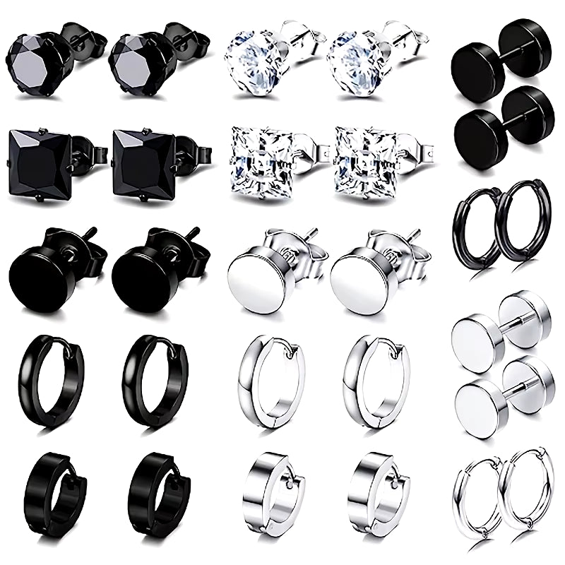 14 Pairs Earrings for Men, Black Earrings Mens Earrings, Stainless Steel Stud Earrings for Women Huggie Hoop Earrings Set