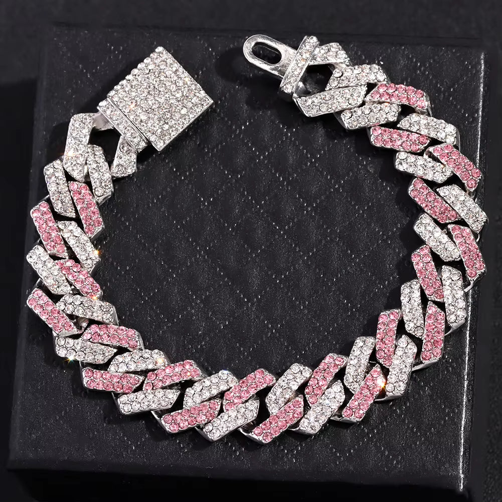 Pink Iced Out Chains 2Row Rhinestones Cuban Link Chain Necklace for Women Bling Miami Prong Cuban Choker Hip Hop Fashion Jewelry