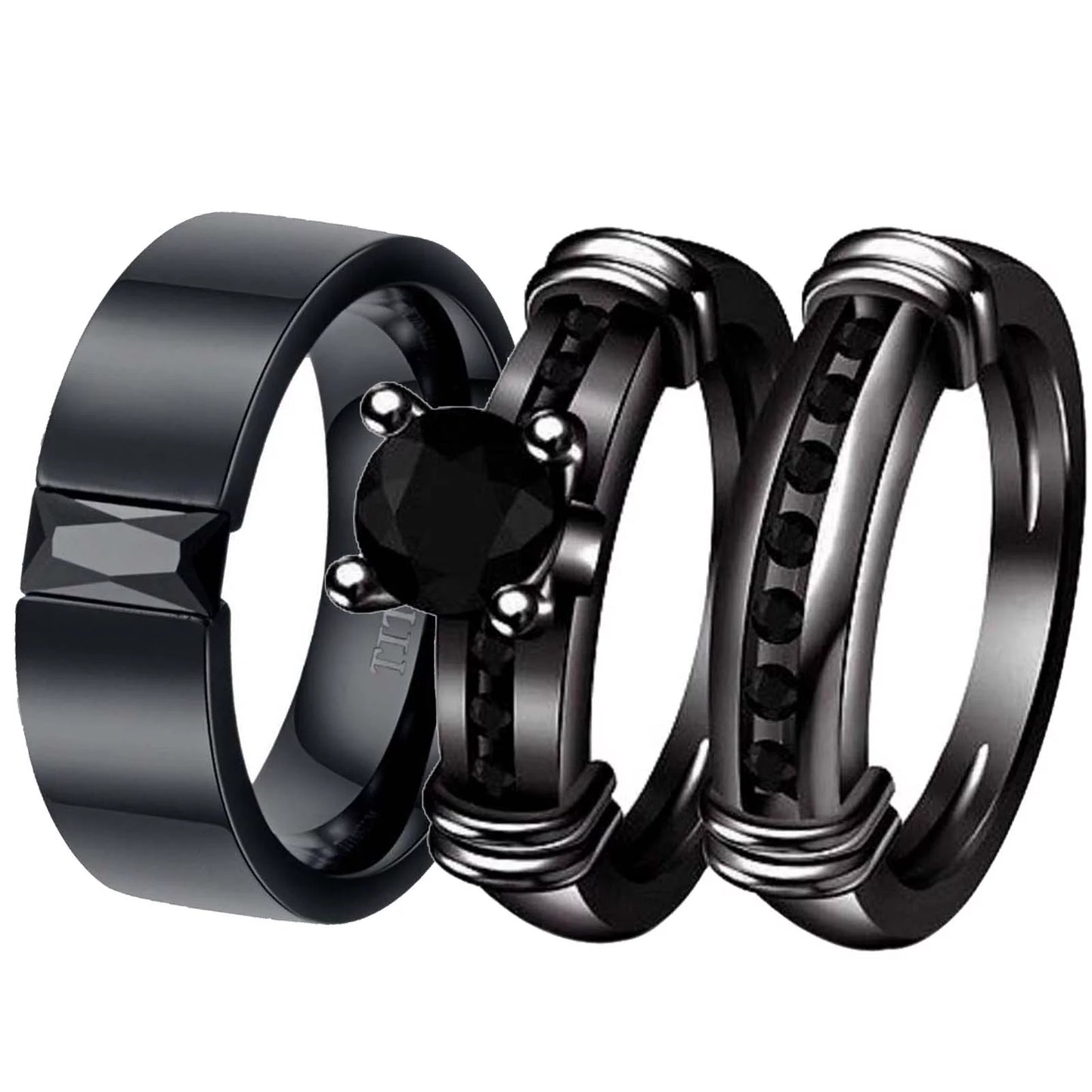 Matching Ring Couple Rings Black Gold Plated 1CT Black CZ Wedding Ring Sets Titanium Male Ring