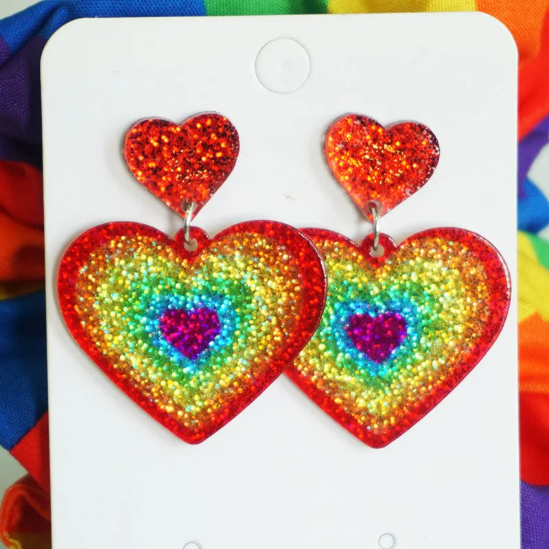 New Rainbow Pride Month Earrings LGBT Festival Parade Shining Heart-Shaped Love Acrylic Colorful Tassel Earrings