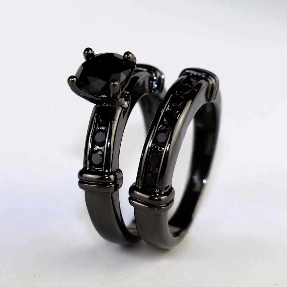 Matching Ring Couple Rings Black Gold Plated 1CT Black CZ Wedding Ring Sets Titanium Male Ring