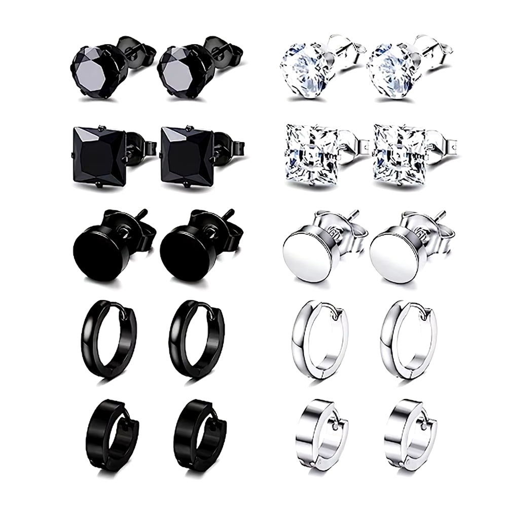 14 Pairs Earrings for Men, Black Earrings Mens Earrings, Stainless Steel Stud Earrings for Women Huggie Hoop Earrings Set