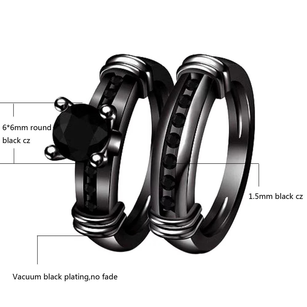 Matching Ring Couple Rings Black Gold Plated 1CT Black CZ Wedding Ring Sets Titanium Male Ring