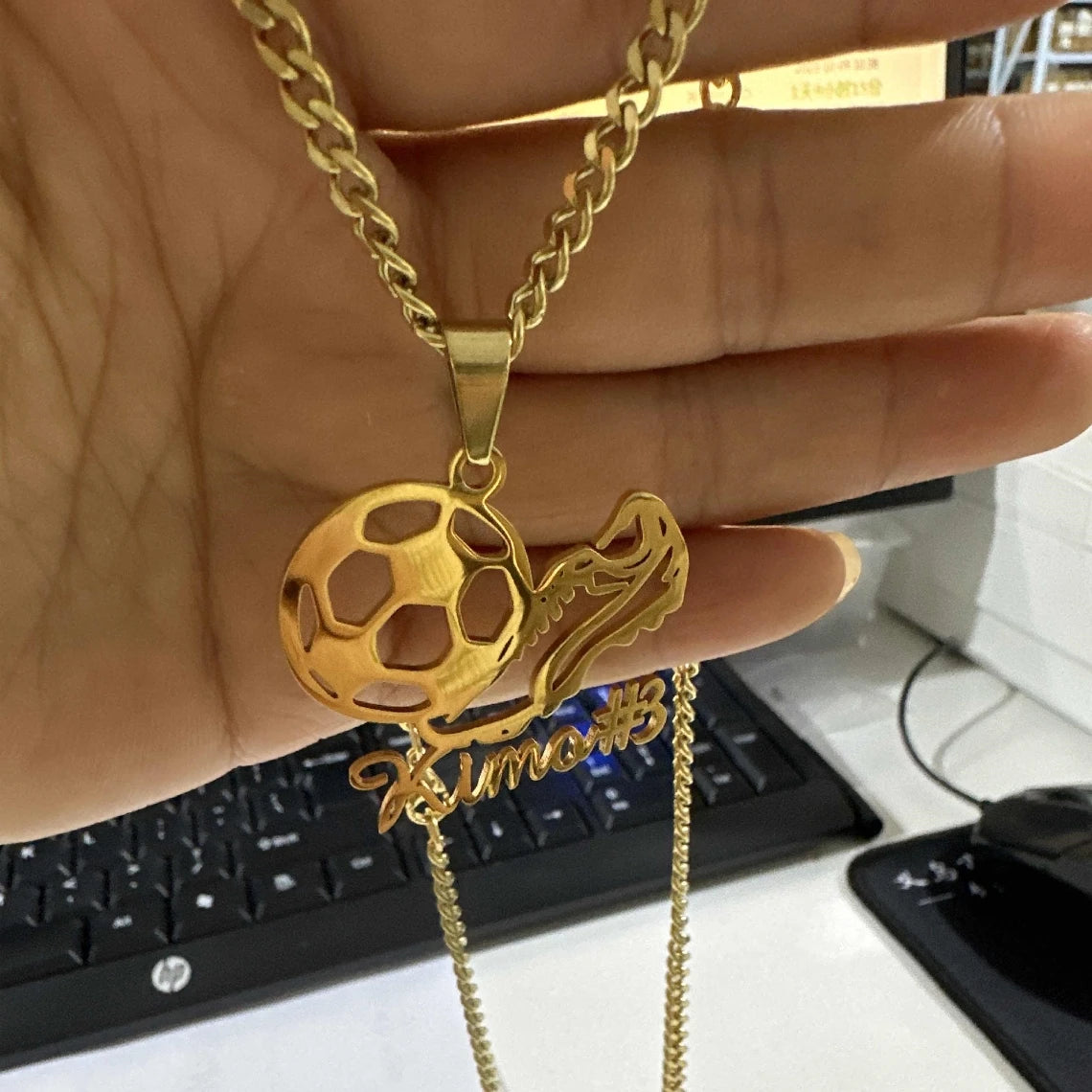 Custom Cuban Chain Playing Football Name Necklace Women Men Kid Popular Sport Jewelry Stainless Steel Soccer Nameplate Necklace