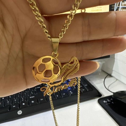 Custom Cuban Chain Playing Football Name Necklace Women Men Kid Popular Sport Jewelry Stainless Steel Soccer Nameplate Necklace