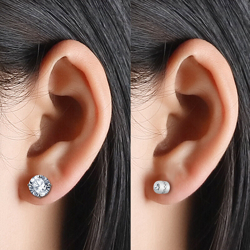 2Pair for Men Women Silver Stainless Steel CZ Earrings Screw Back Ear Stud Round