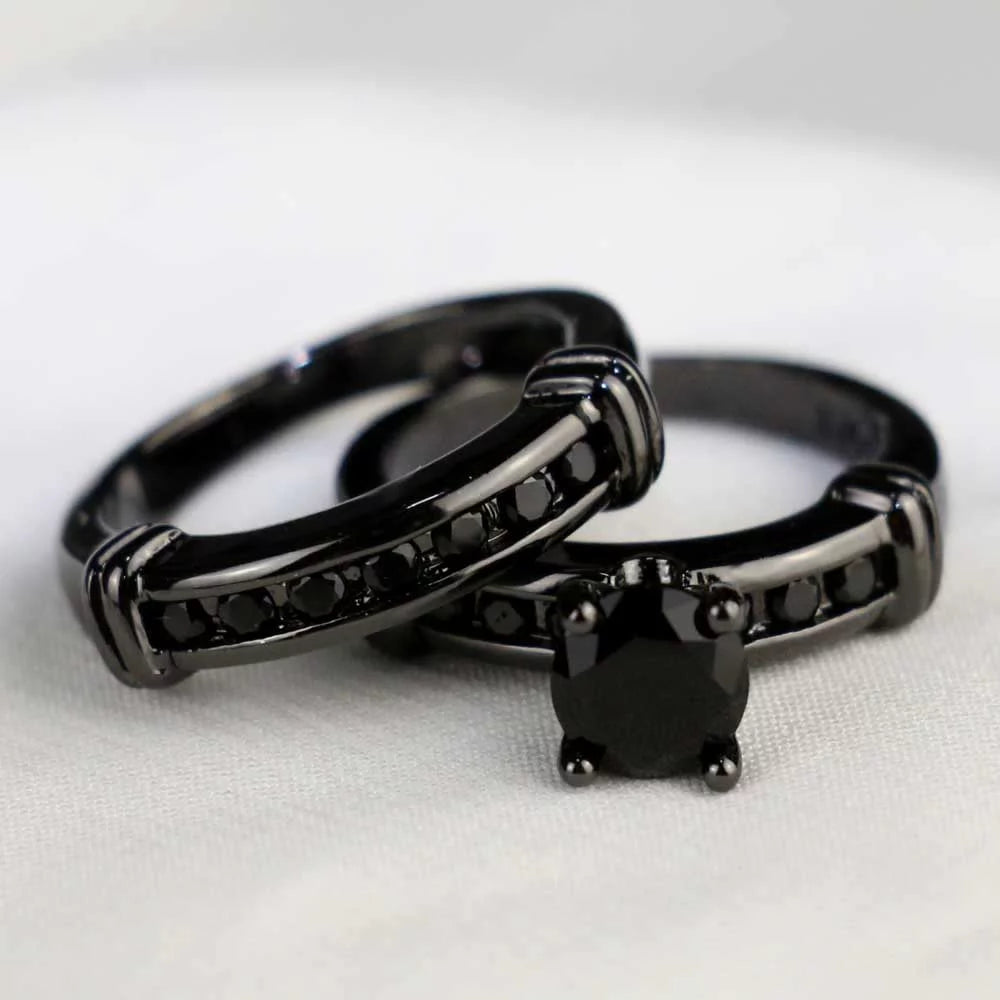 Matching Ring Couple Rings Black Gold Plated 1CT Black CZ Wedding Ring Sets Titanium Male Ring